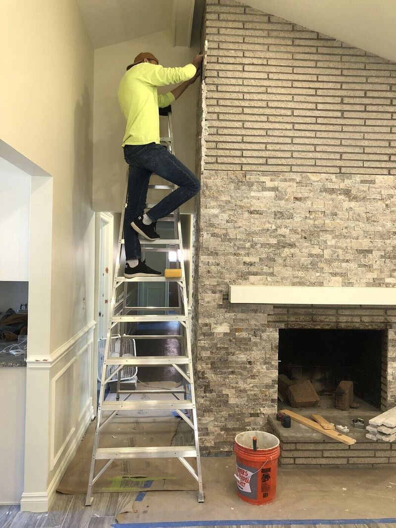 Fireplace / feature wall, Stacked Stone Fireplace and Hex Floor
